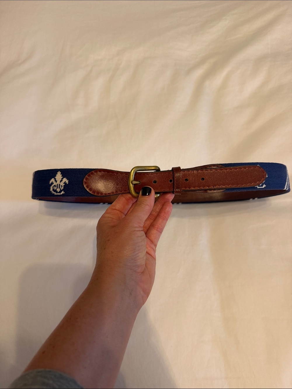 Smathers and Branson Navy Blue Webbed Leather-Trim Belt
